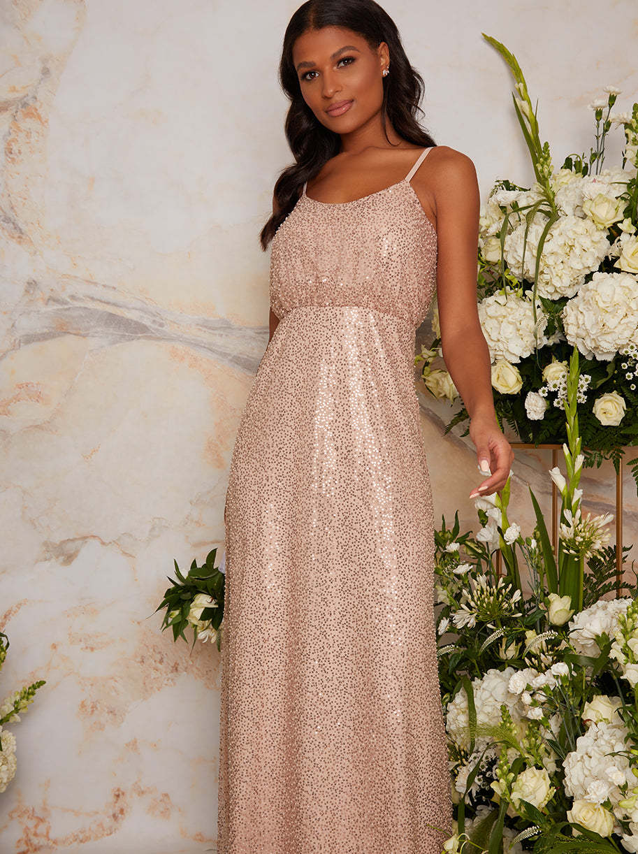 Sequinned Cami Strap Maxi Dress In Champagne