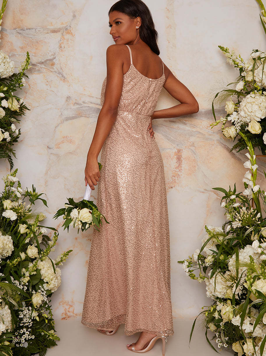Sequinned Cami Strap Maxi Dress In Champagne