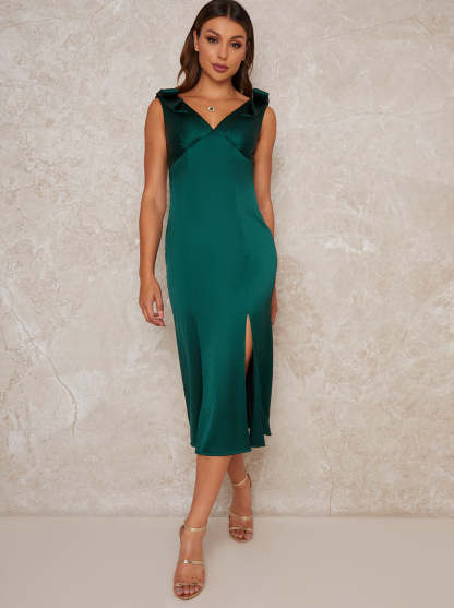 Satin Slip Bow Detail Midi Dress in Green