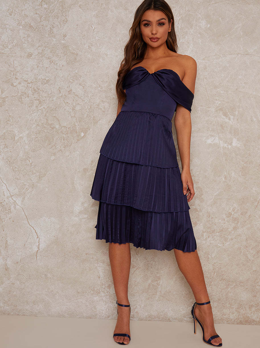 Midi Party Dress with Pleated Design in Blue