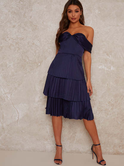 Midi Party Dress with Pleated Design in Blue