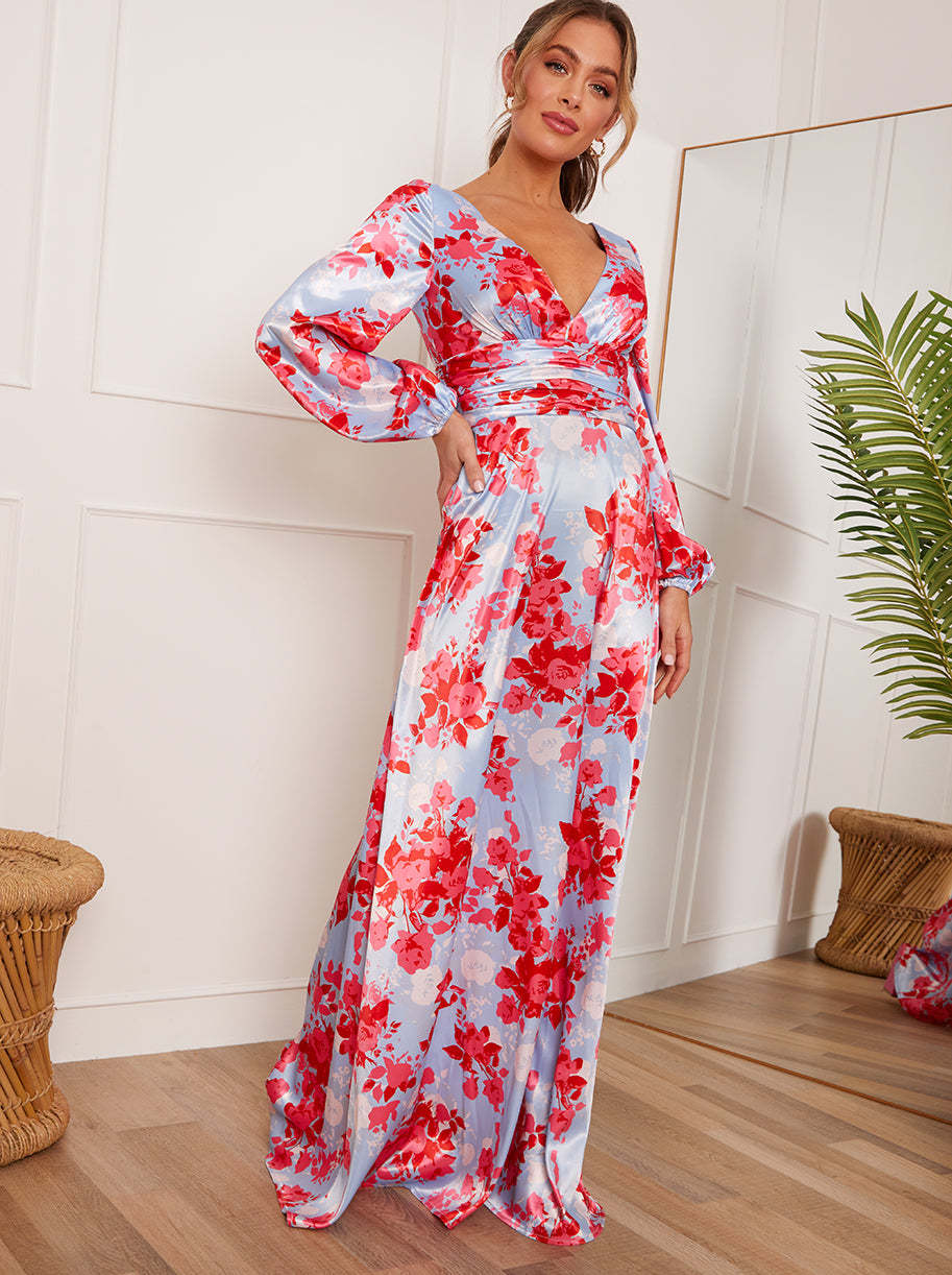 Long Sleeve V Neck Floral Maxi Dress in Blue