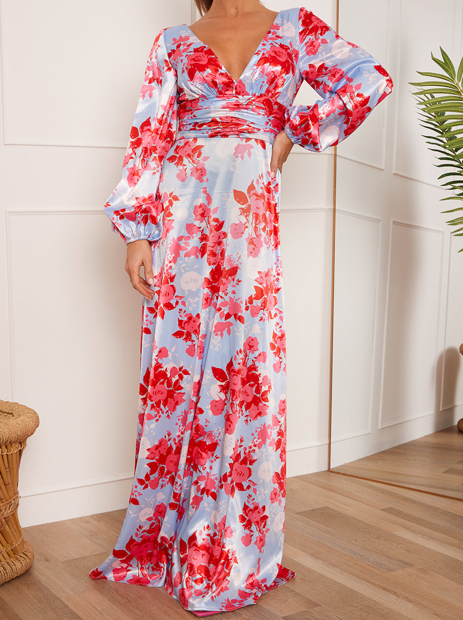 Long Sleeve V Neck Floral Maxi Dress in Blue