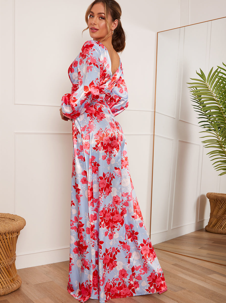 Long Sleeve V Neck Floral Maxi Dress in Blue