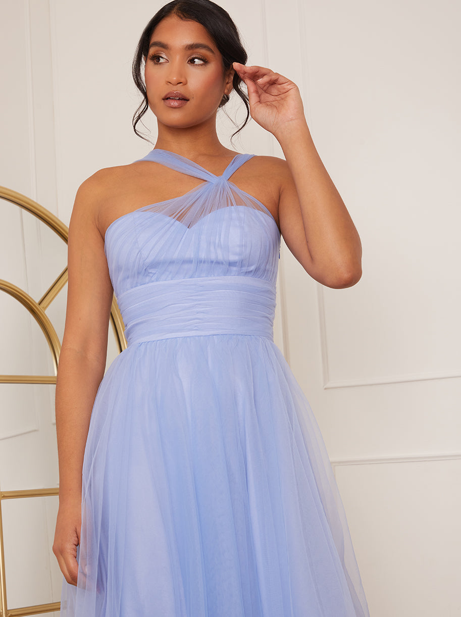 Halter Neck Mesh Midi Dress in Blue | Chi Chi London UK
