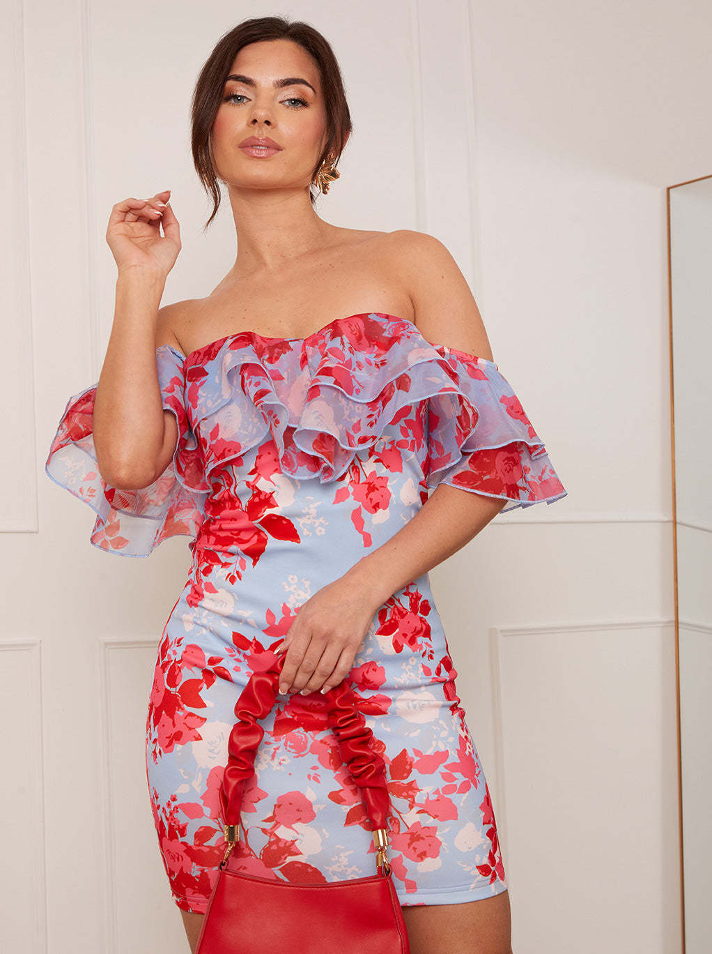 Petite Organza Ruffle Floral Print Bodycon Mini Dress in Blue