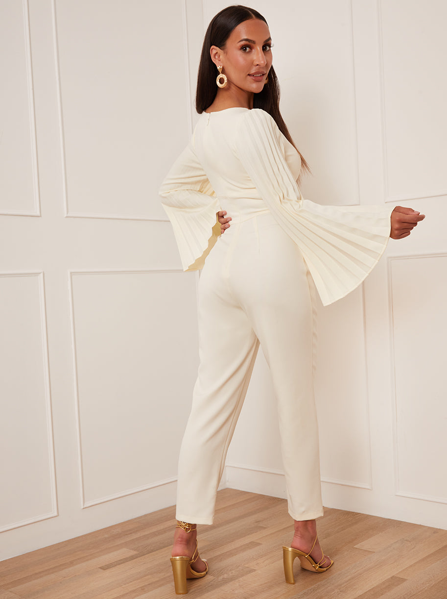 Petite Long Bell Sleeve Pleated Jumpsuit in Cream