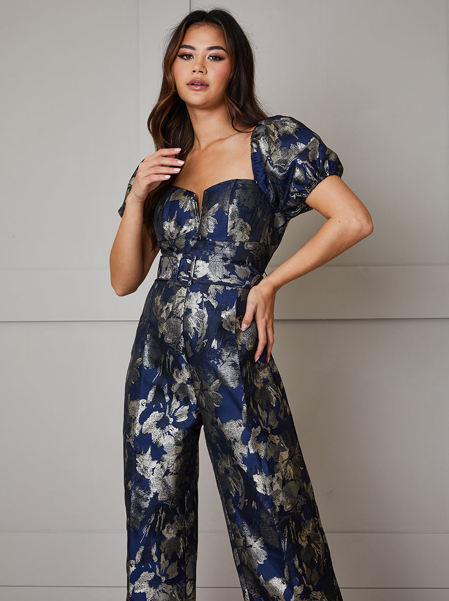 Puff Sleeve Jacquard Wide Leg Jumpsuit in Navy | Chi Chi London UK