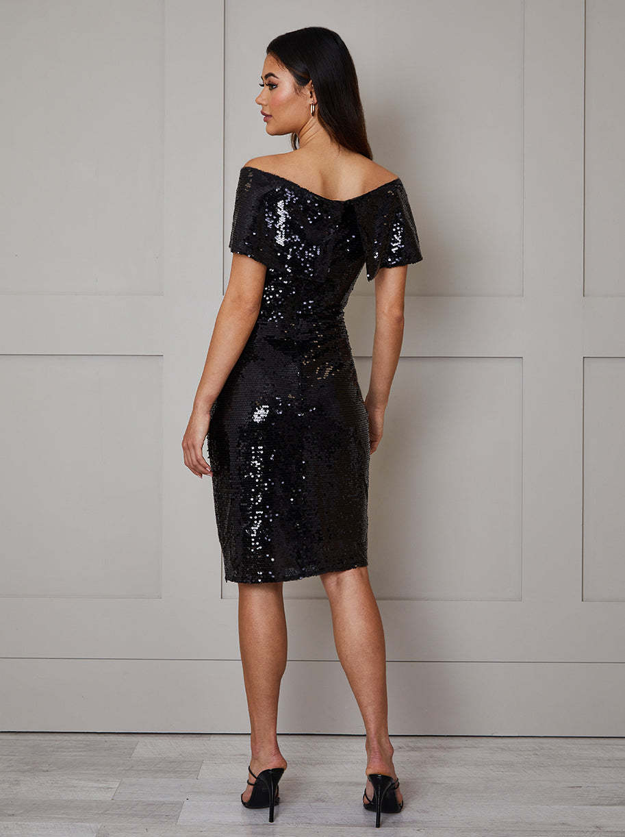 Bardot Sequin Bodycon Midi Dress in Black Chi Chi London