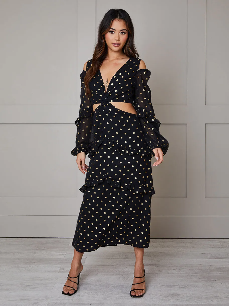 Long Sleeve Ruffle Detail Foil Spot Detail Maxi Dress in Black