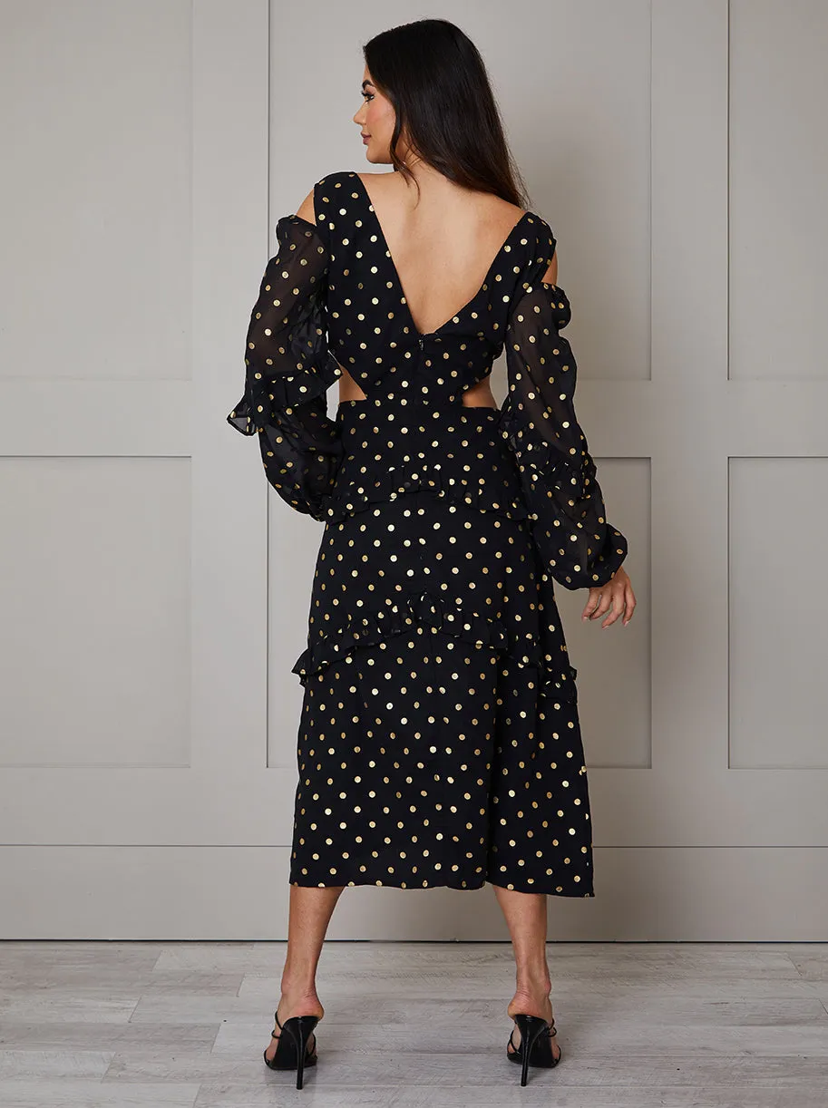 Long Sleeve Ruffle Detail Foil Spot Detail Maxi Dress in Black