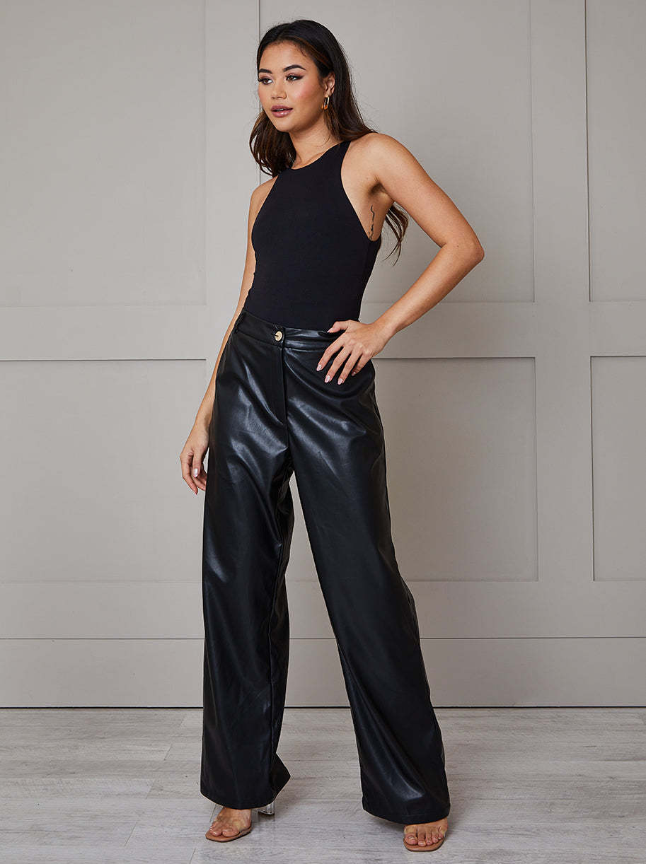 Black leather wide leg trousers hotsell