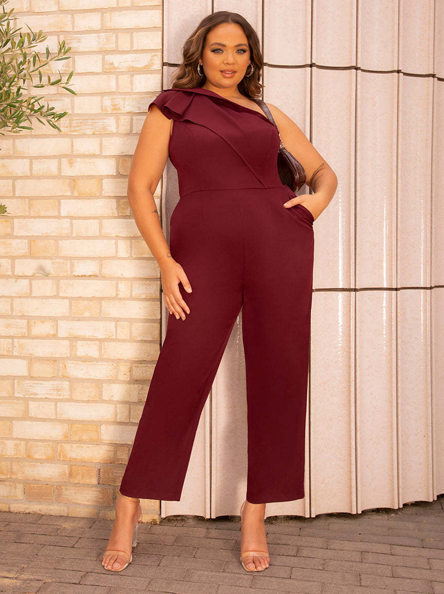 Plus Size One Shoulder Ruffle Detail Jumpsuit in Red Chi Chi London UK