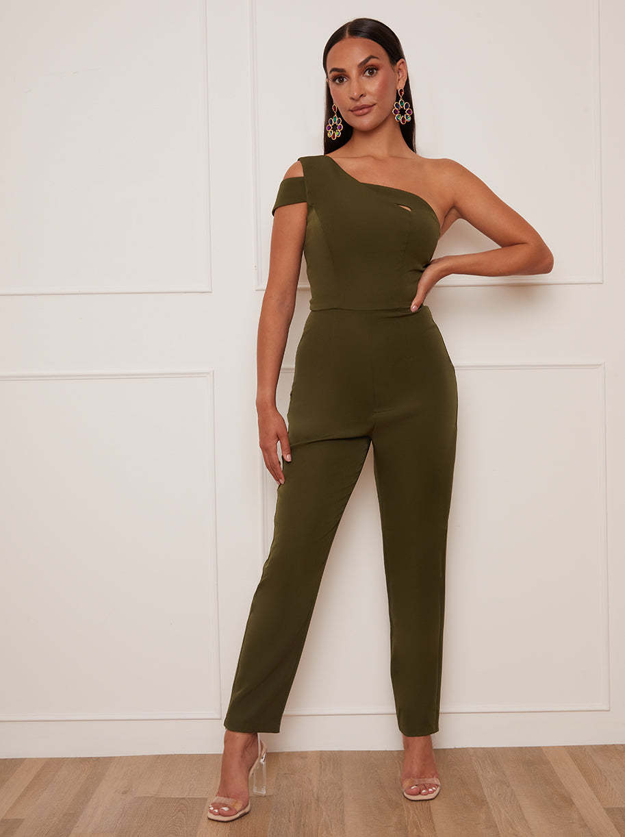 Petite One Shoulder Jumpsuit in Green Chi Chi London UK