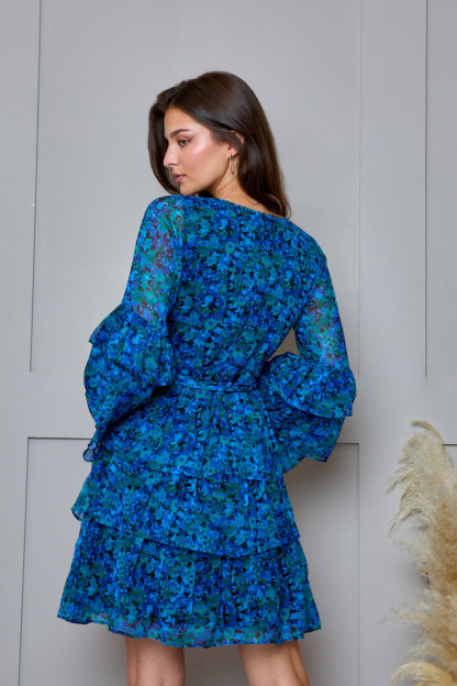Plus Size Floral Printed Wrap Dress in Blue