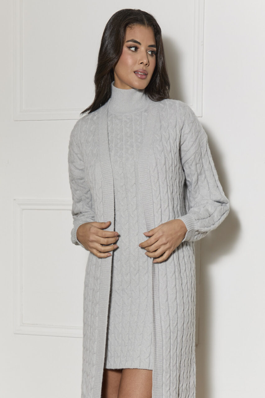 All-Over Knitted Cable Longline Cardigan in Grey