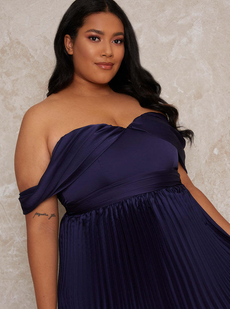 Plus Size Bardot Pleated Maxi Bridesmaid Dress in Blue