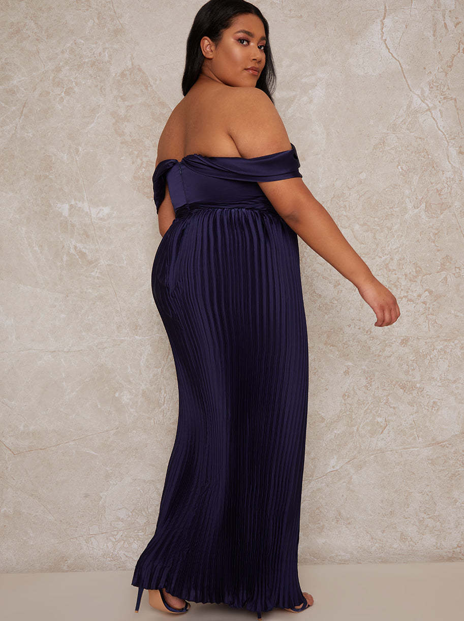 Plus Size Bardot Pleated Maxi Bridesmaid Dress in Blue