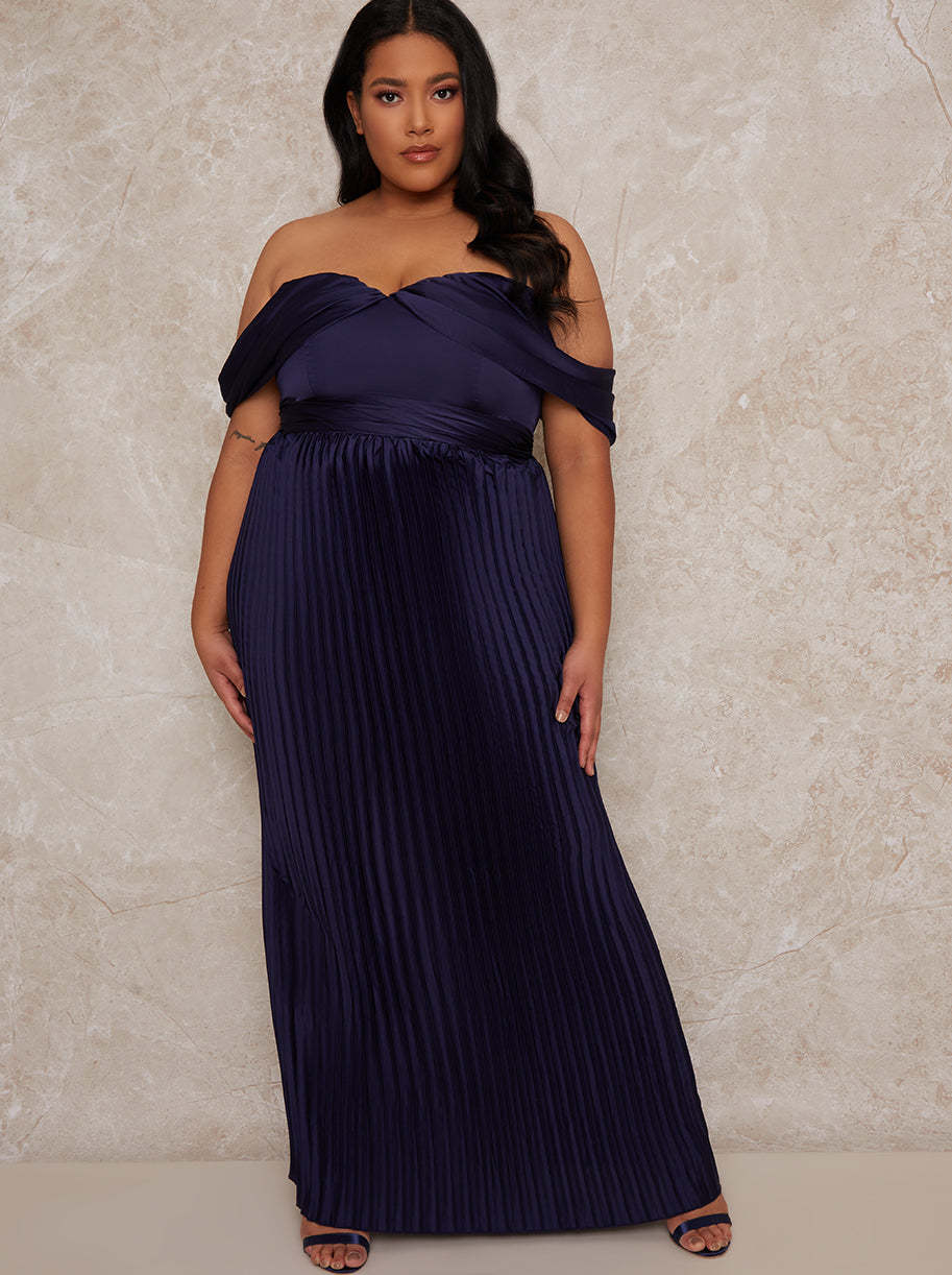 Plus Size Bardot Pleated Maxi Bridesmaid Dress in Blue