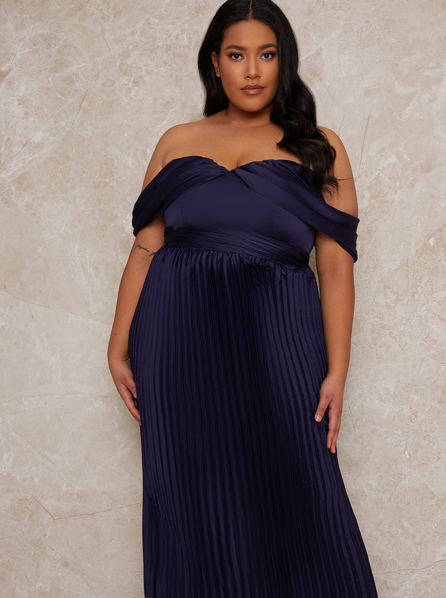 Plus Size Bardot Pleated Maxi Bridesmaid Dress in Blue