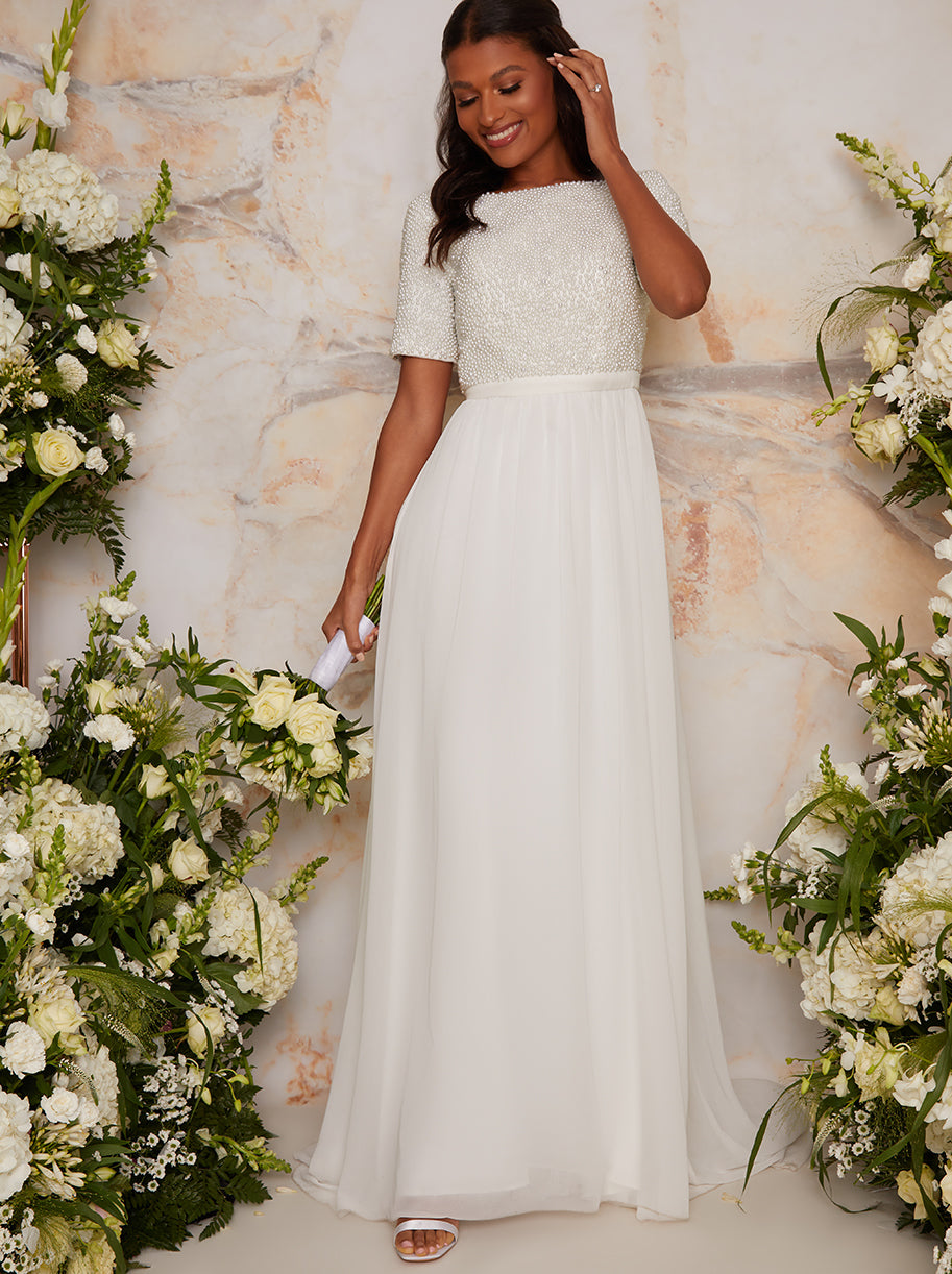 Short Sleeve Embellished Wedding Dress in White – Chi Chi London