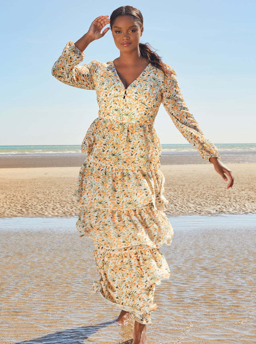 Floral Tiered Maxi Dress in Yellow