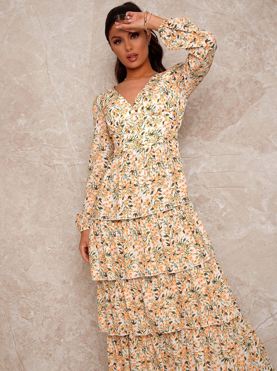 Floral Tiered Maxi Dress in Yellow