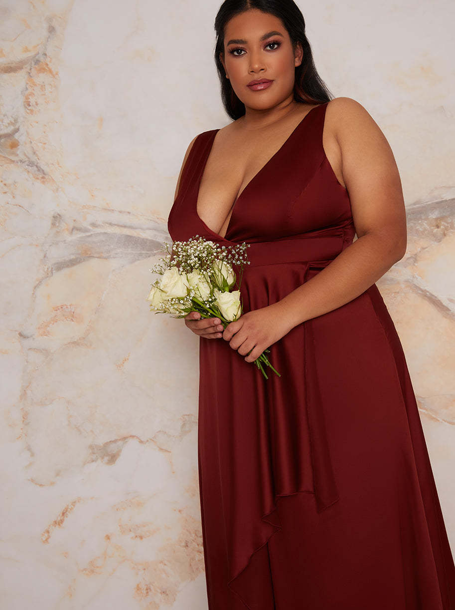 Plus Size Satin Wrap Maxi Dress in Red
