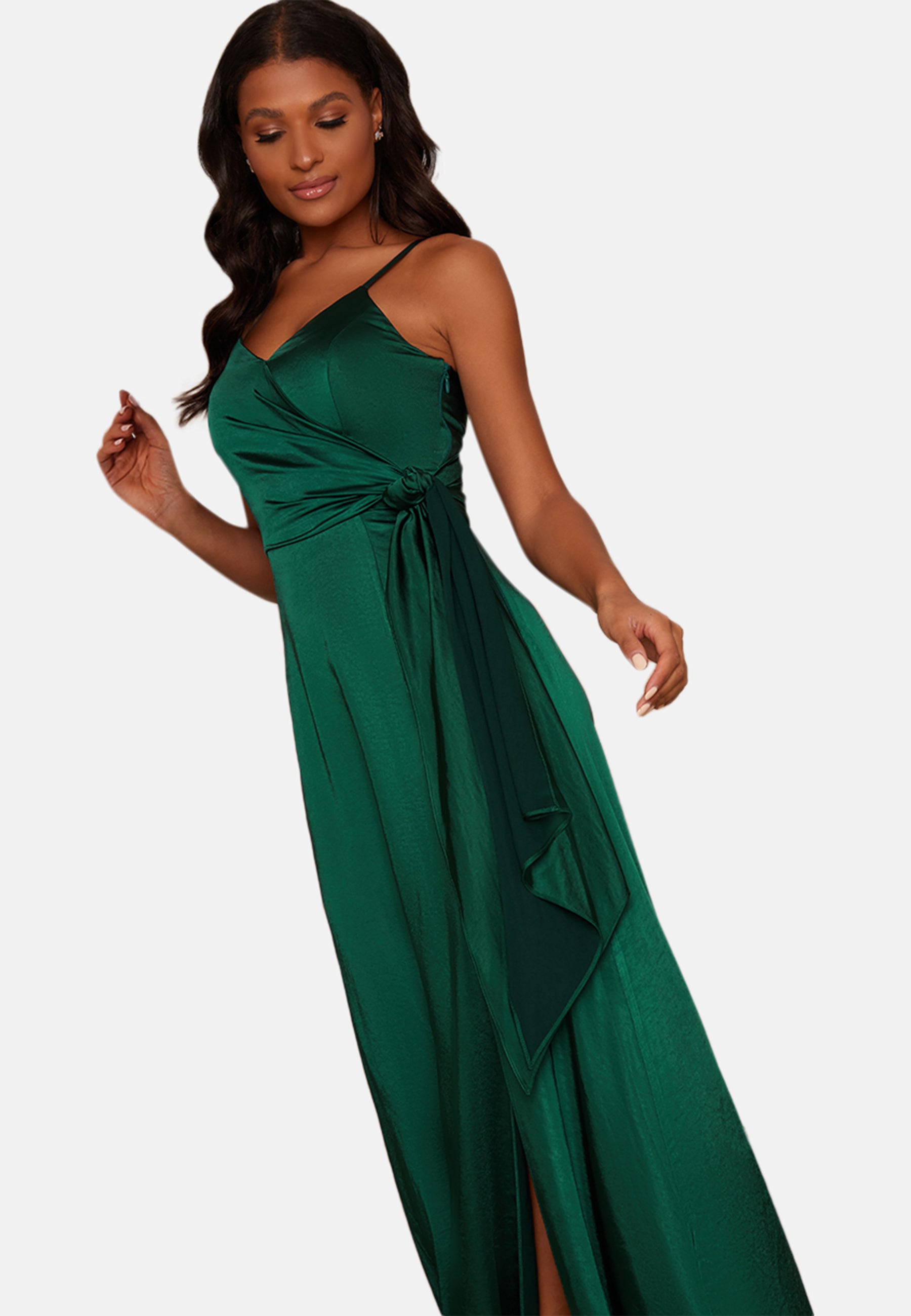 Satin Cami Strap Wrap Maxi Dress in Green Chi Chi London