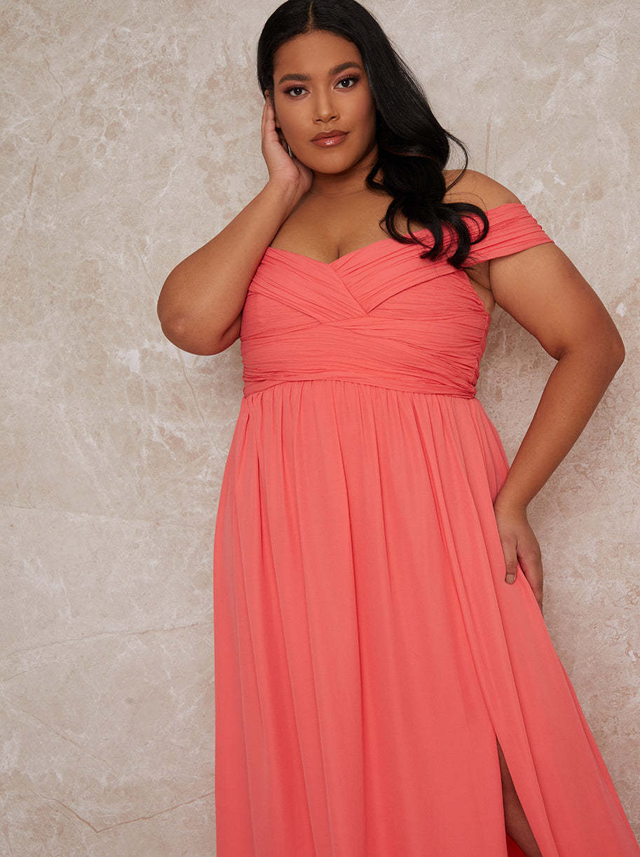 Plus Size Bardot Ruched Dress in Orange