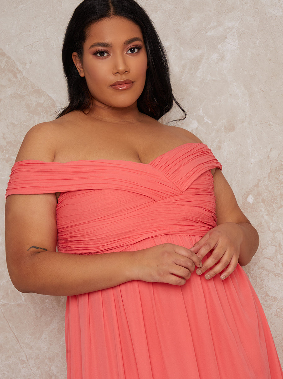 Plus Size Bardot Ruched Dress in Orange
