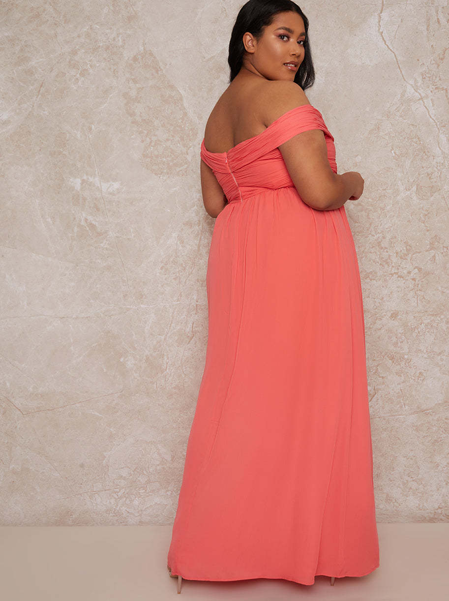 Plus Size Bardot Ruched Dress in Orange