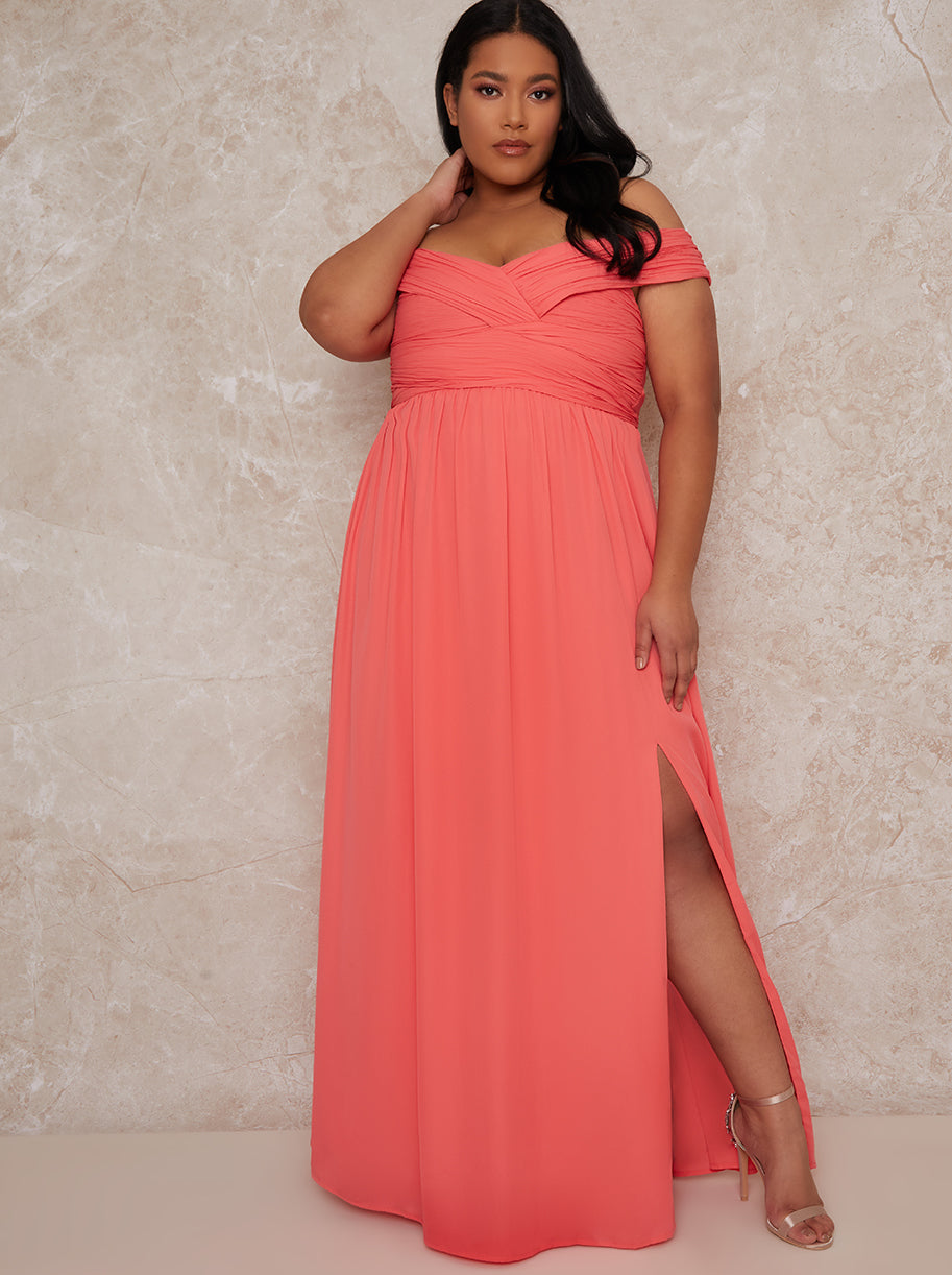 Plus Size Bardot Ruched Dress in Orange