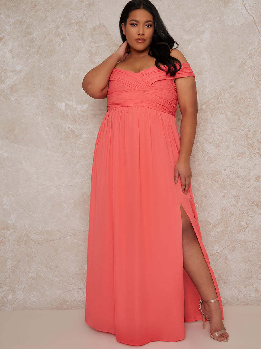 Plus Size Bardot Ruched Dress in Orange