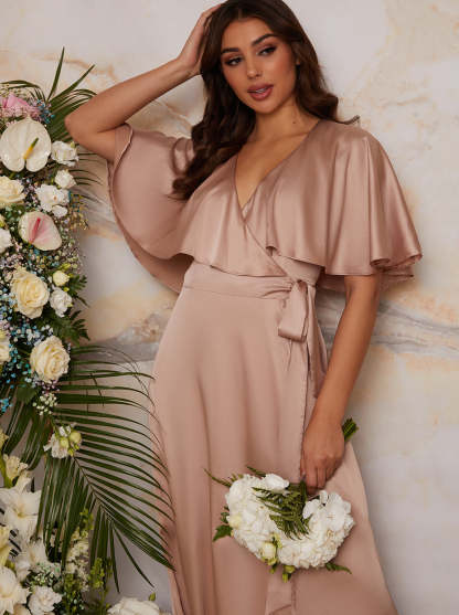 Angel Sleeve Wrap Design Bridesmaid Maxi Dress in Champagne