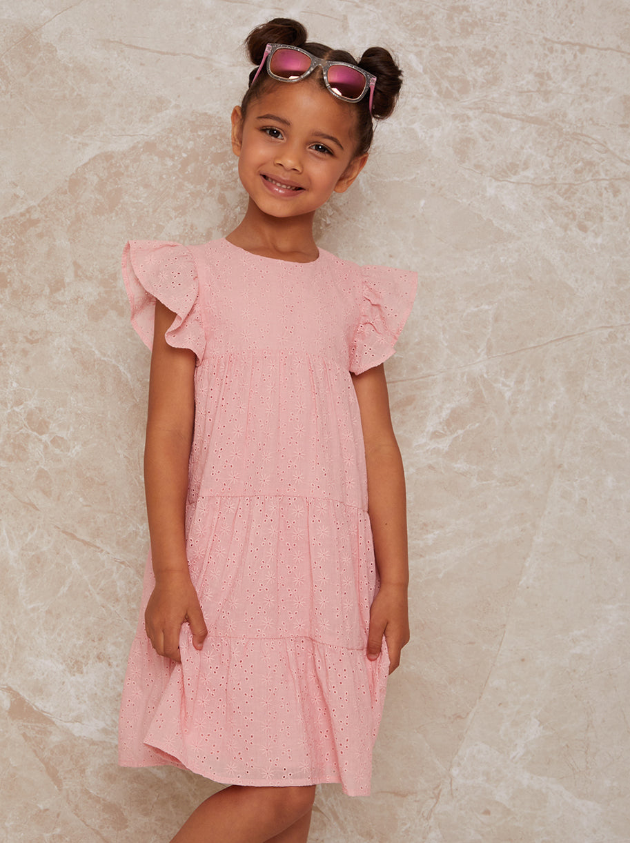 Girls Tiered Broderie Smock Dress in Pink