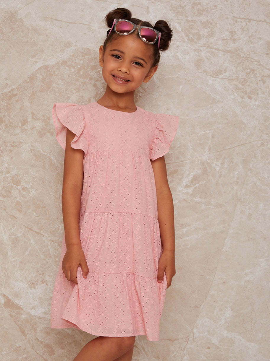 Girls Tiered Broderie Smock Dress in Pink