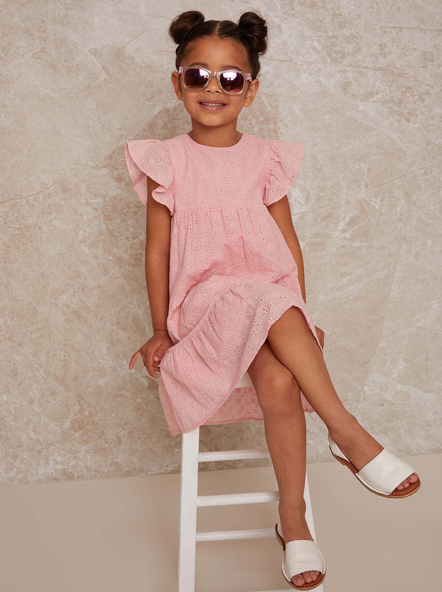Girls Tiered Broderie Smock Dress in Pink