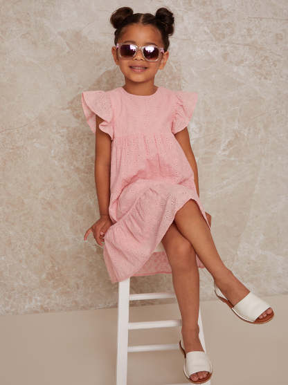 Girls Tiered Broderie Smock Dress in Pink