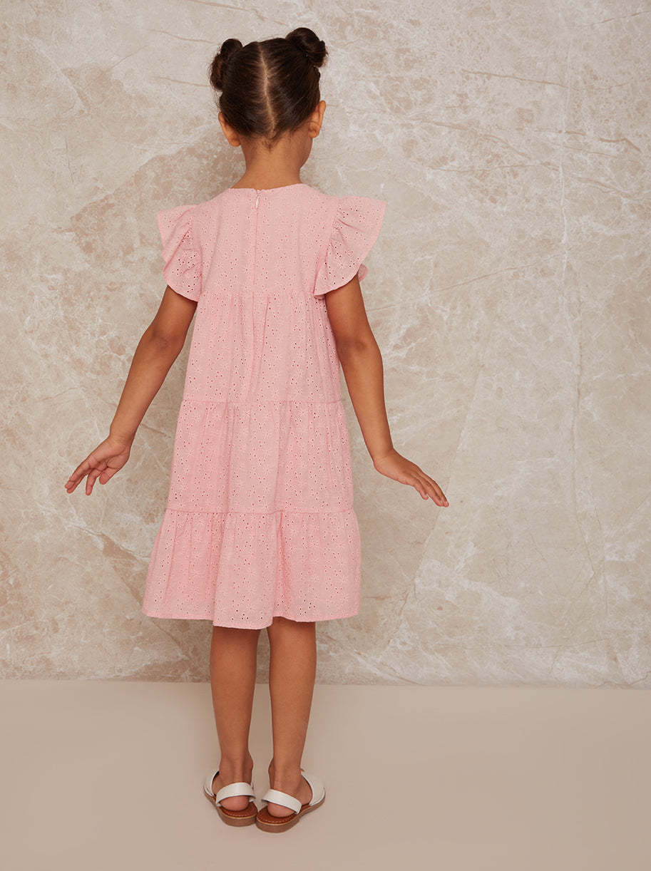 Girls Tiered Broderie Smock Dress in Pink
