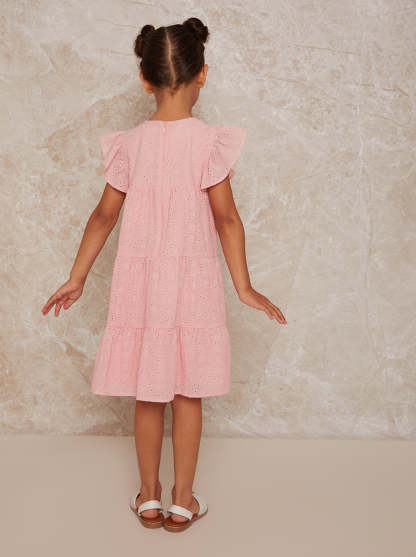 Girls Tiered Broderie Smock Dress in Pink