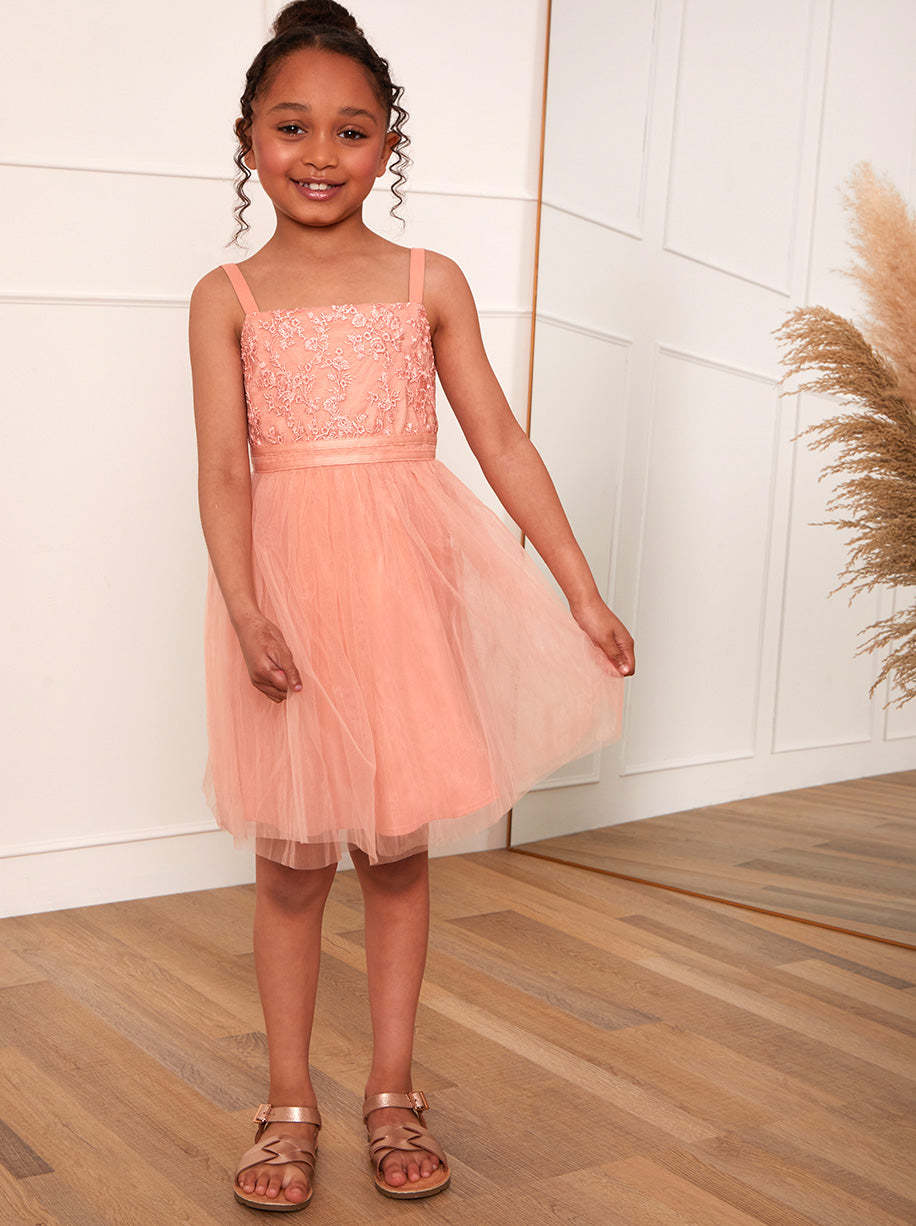 Younger Girls Embroidered Lace Tulle Midi Dress in Coral