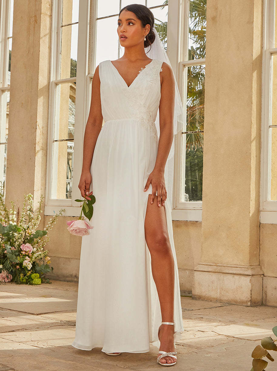 V Neck Drape Maxi Wedding Dress in White