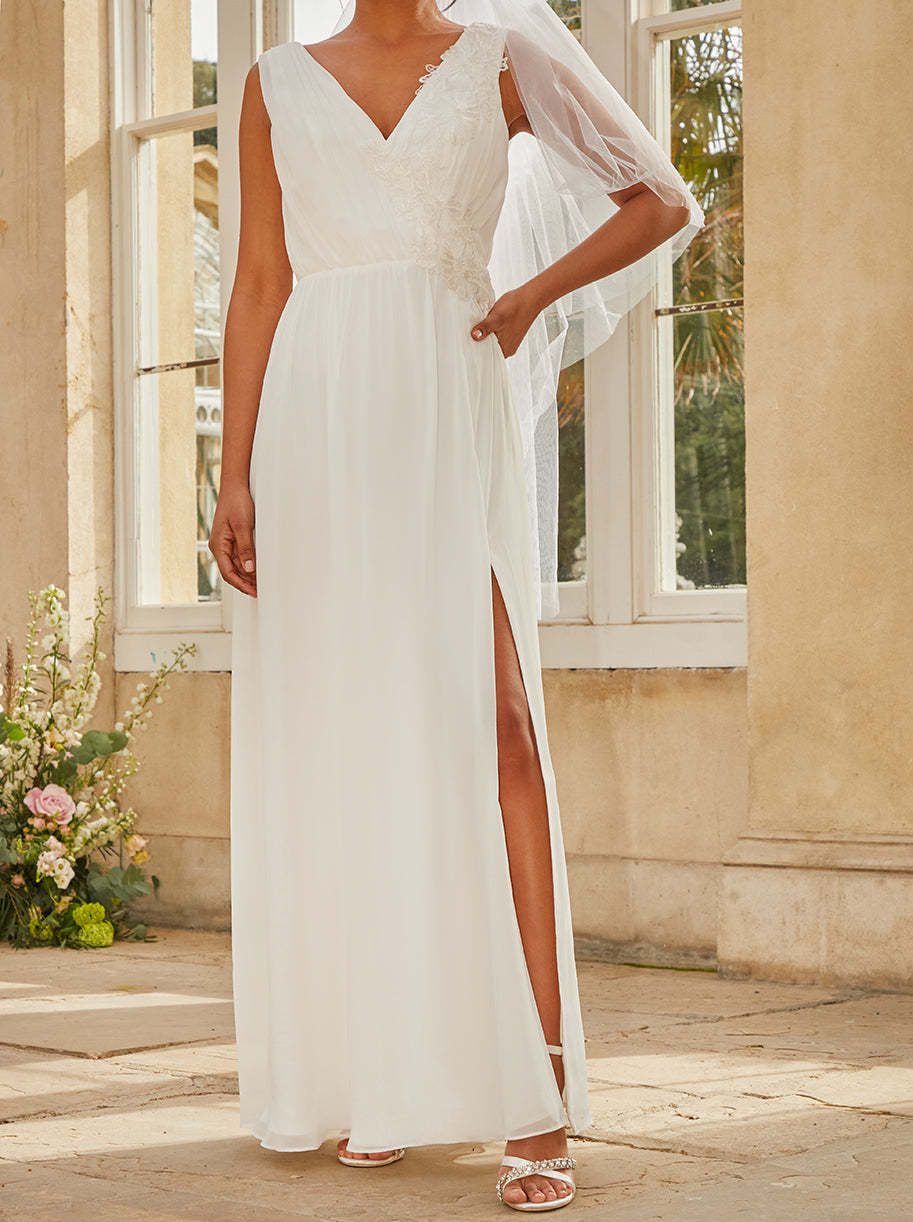 V Neck Drape Maxi Wedding Dress in White
