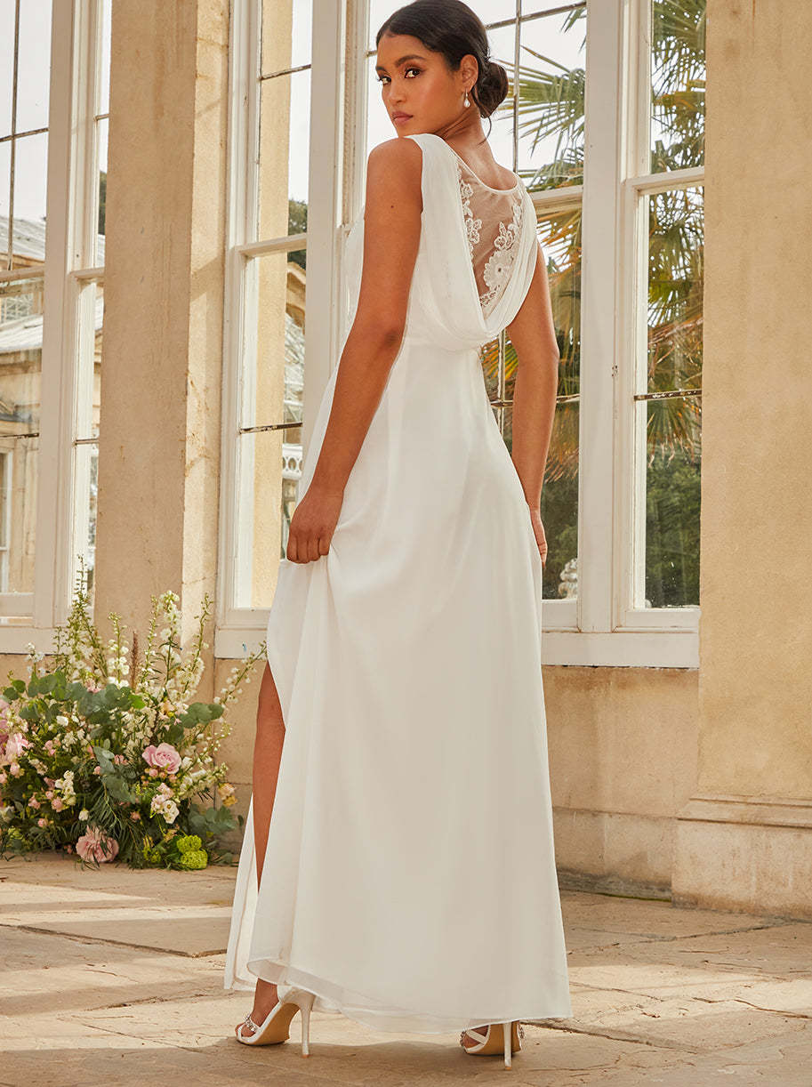 V Neck Drape Maxi Wedding Dress in White
