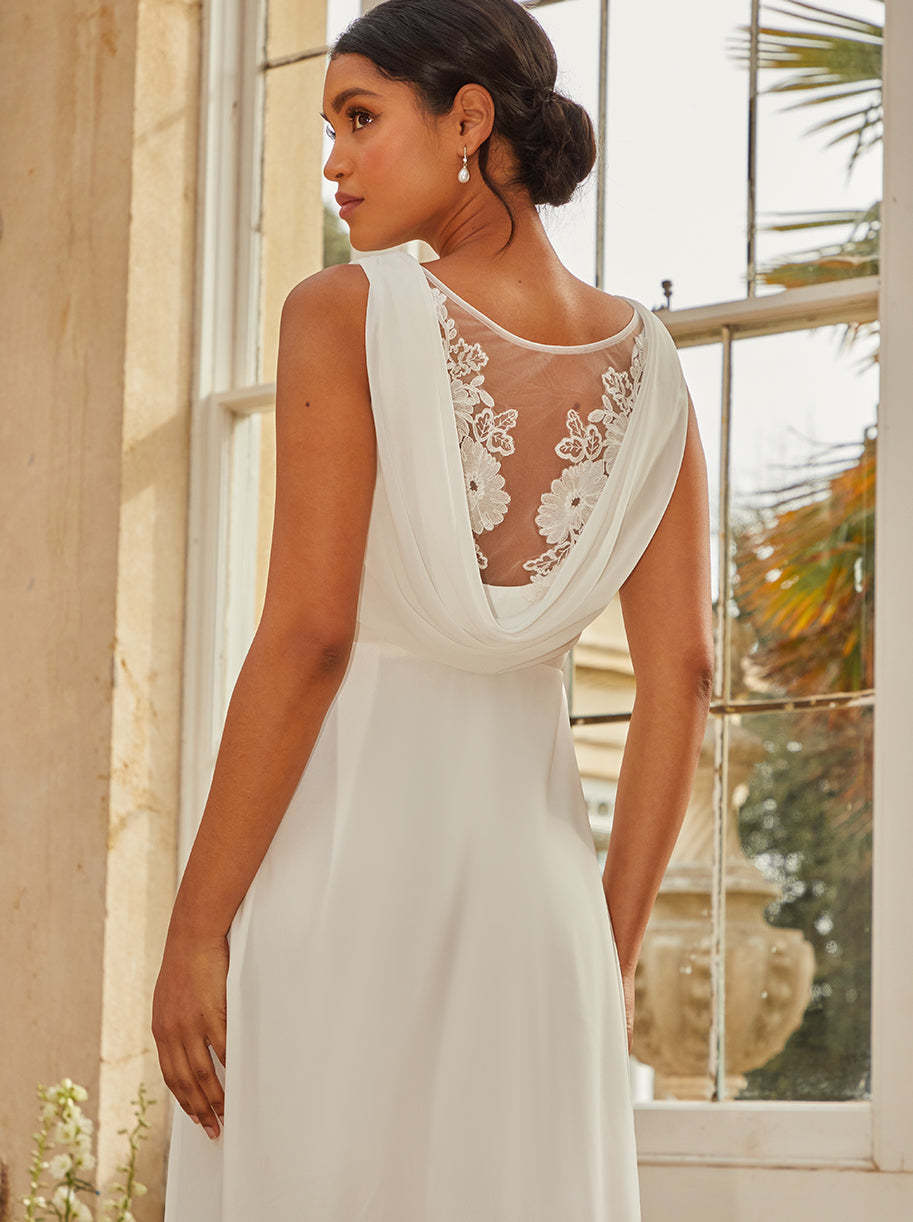 V Neck Drape Maxi Wedding Dress in White