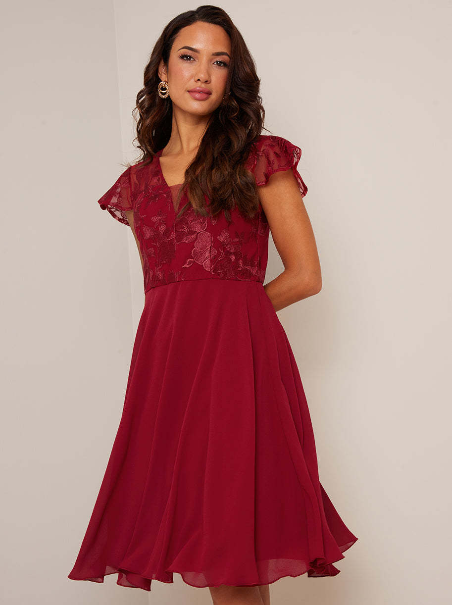 V Neck Embroidered Midi Dress in Red Chi Chi London