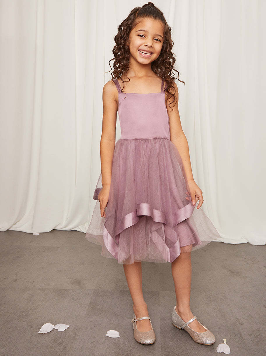 Younger Girls Embellished Tulle Layered Midi Dress in Lilac