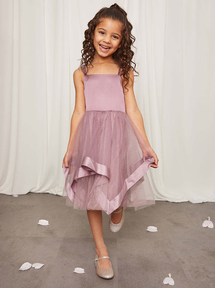 Younger Girls Embellished Tulle Layered Midi Dress in Lilac