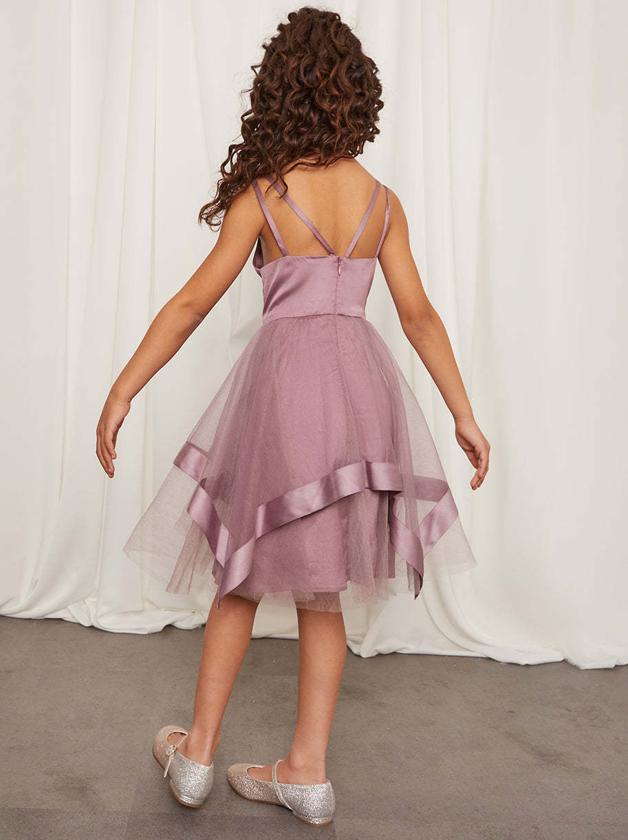 Younger Girls Embellished Tulle Layered Midi Dress in Lilac